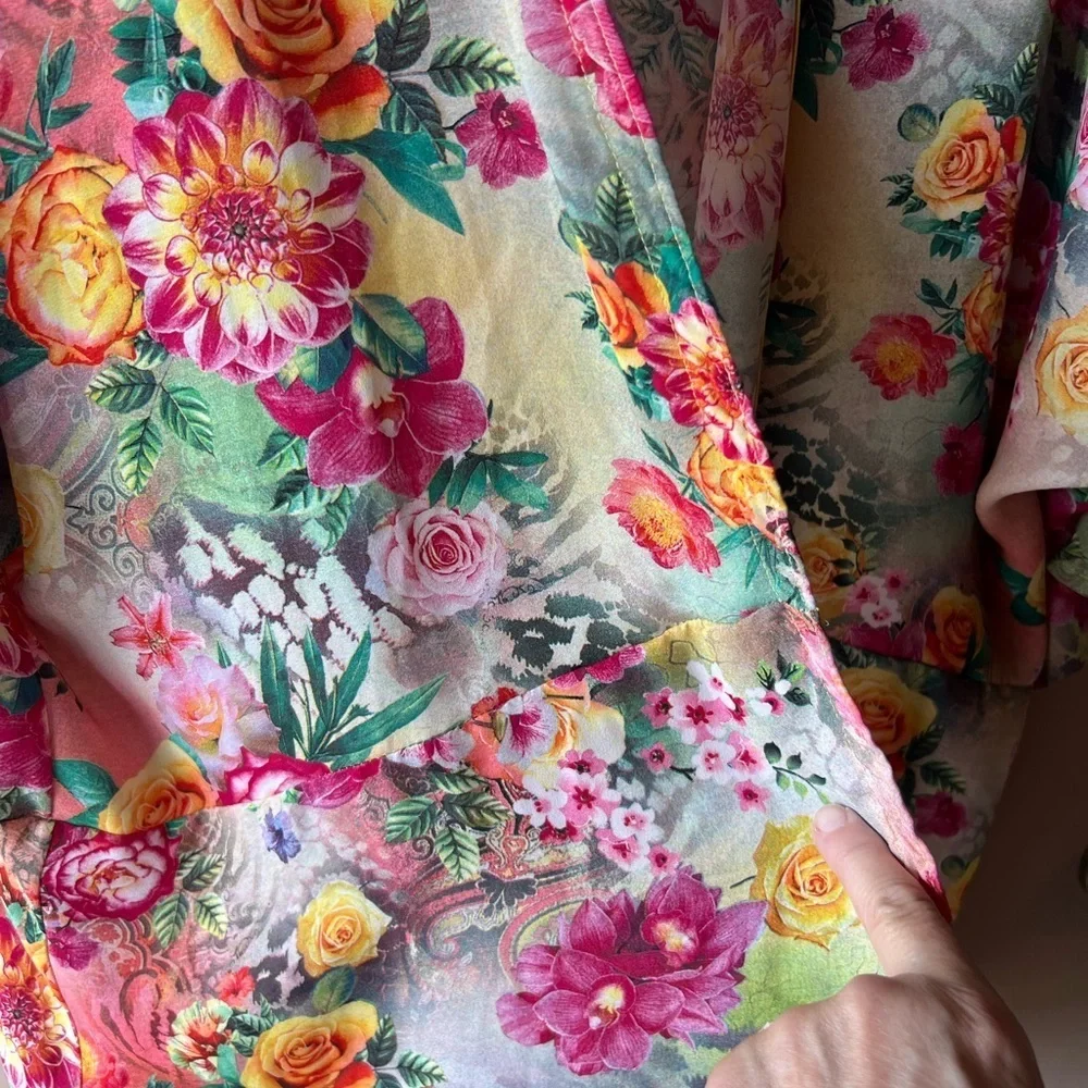 Pink Yellow Roses Flounce Kimono Jacket Robe | Romantic Boho EUC M/L OS? #1479